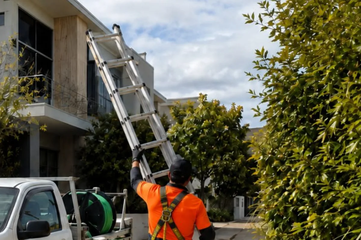A harnessed technician carrying a ladder from the ute to a two-storey Perth home