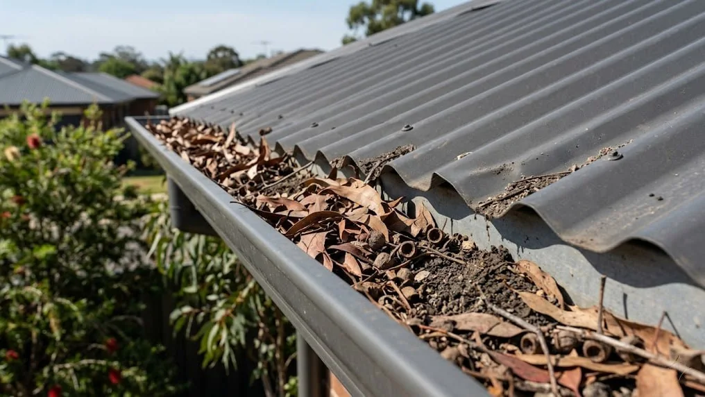 Before: charcoal Colorbond gutter on a Perth home