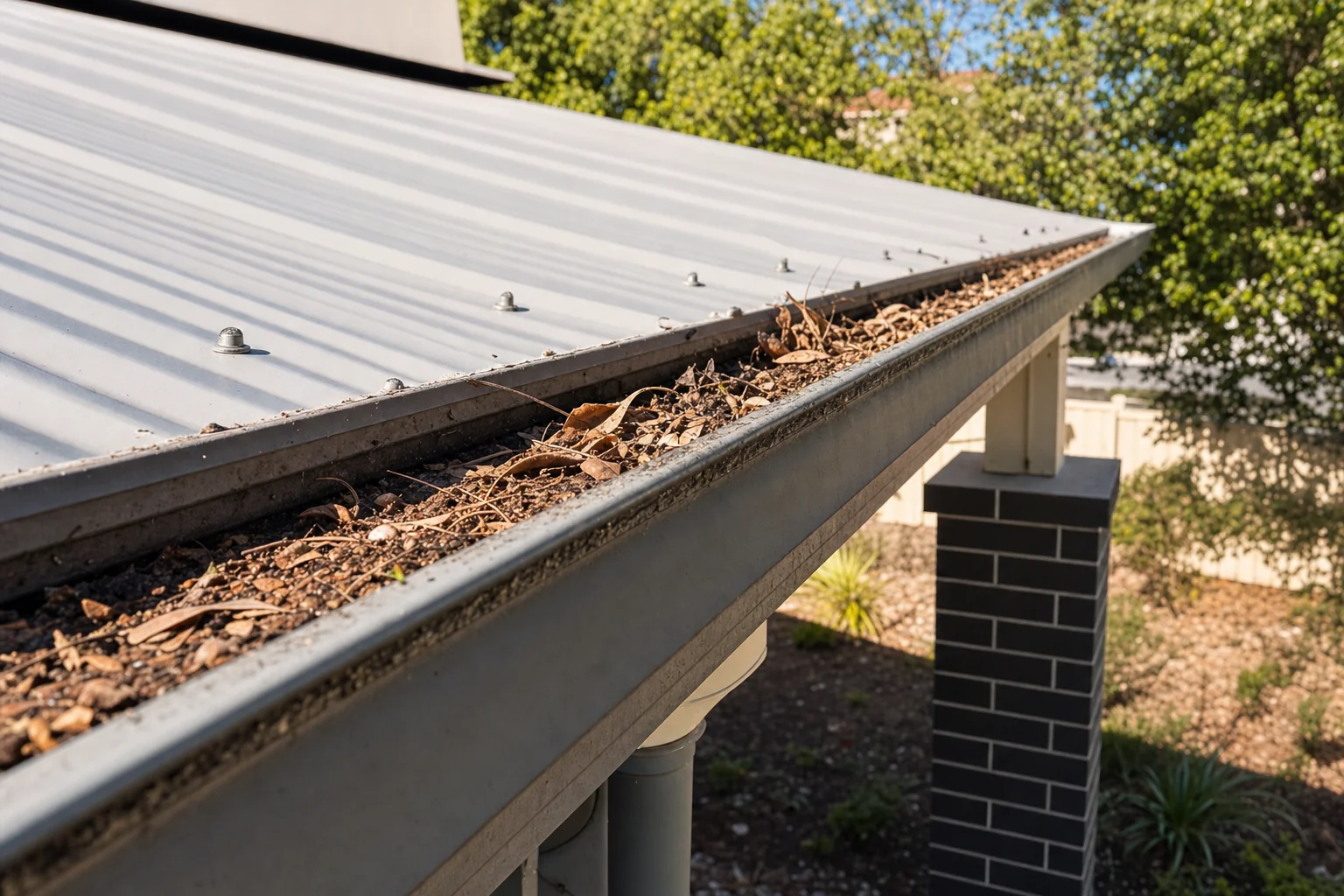 Leaves and debris blocking a carport box gutter in Perth