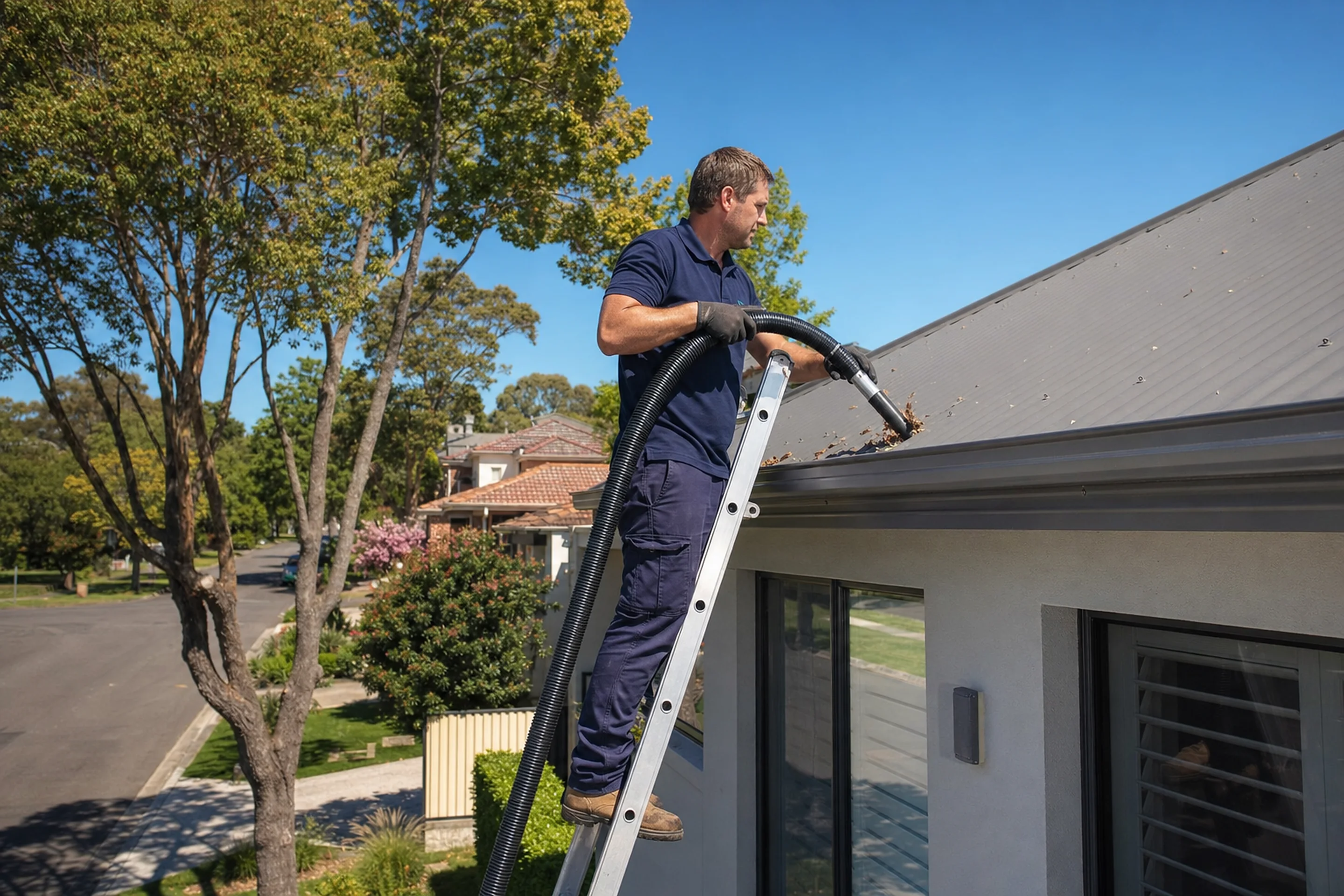 Gutter cleaning technician clearing leaf debris from a gutter on a Perth home roof