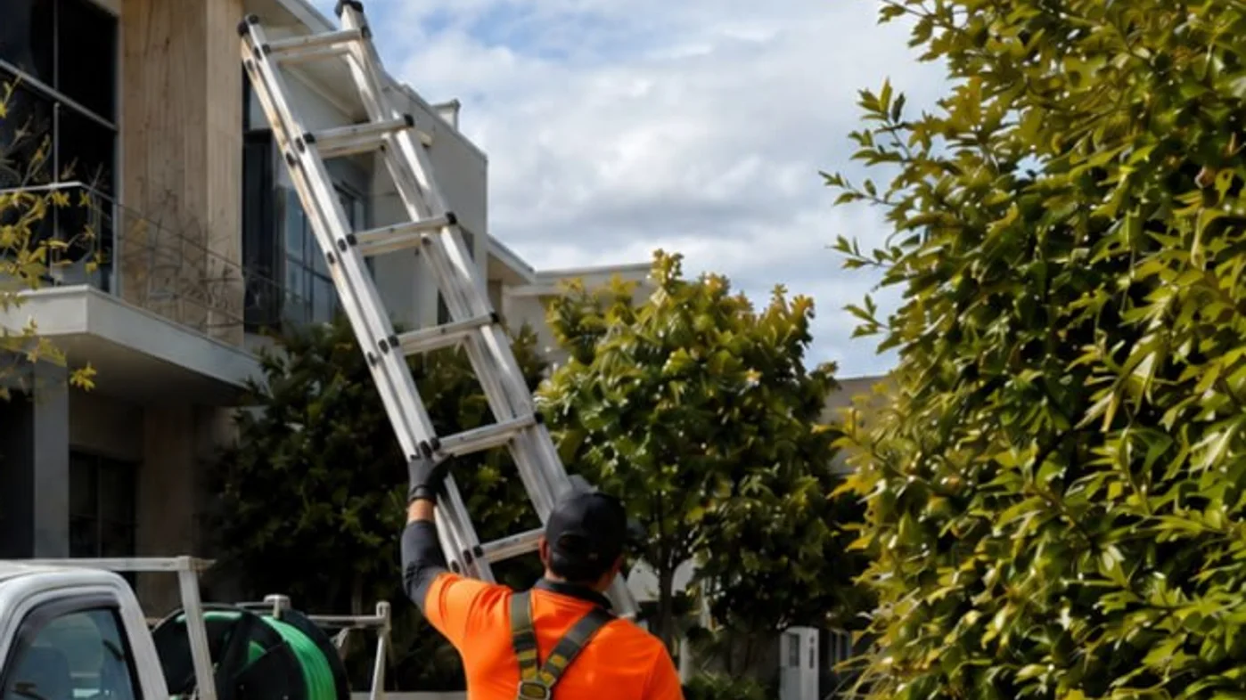 Gutter cleaning technician clearing leaf debris from a gutter on a Perth home roof