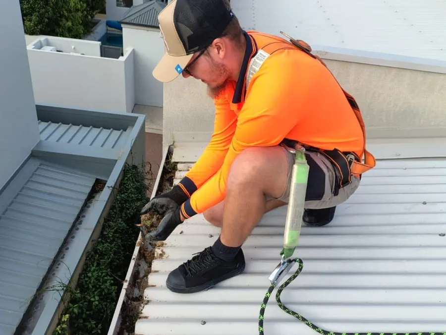 A gutter cleaner clearing moss and weed growth from a blocked Perth gutter