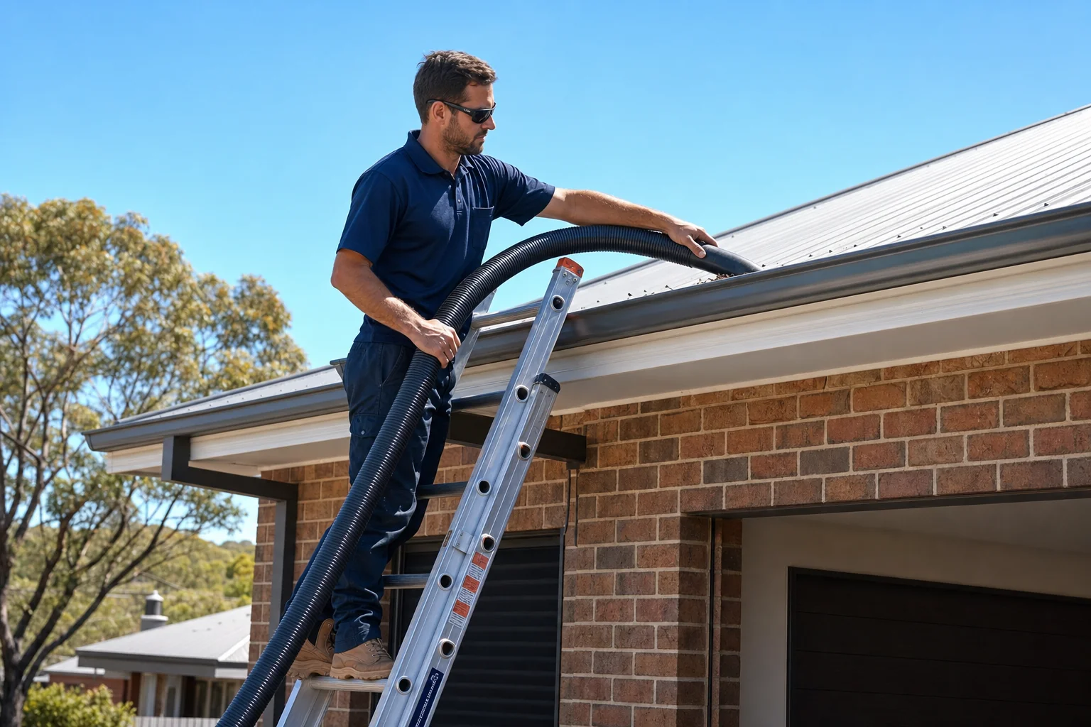 Gutter vacuum lifting leaves out of a Perth gutter with no mess