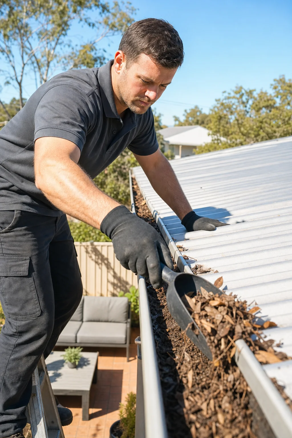 Gutter cleaner clearing a patio gutter above an outdoor entertaining area in Perth