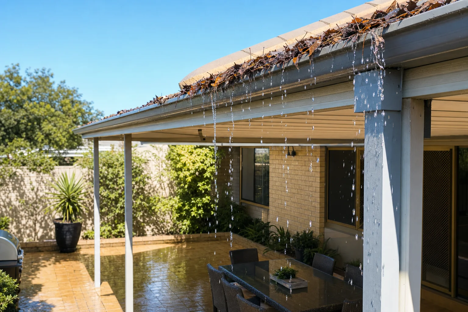 Overflowing patio gutter dripping onto an outdoor entertaining area in Perth